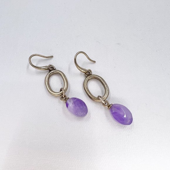 NWT -Ellen Tracy- Semi Precious Amethyst Antiqued Silver Tone Fishhook Earrings - Picture 5 of 6